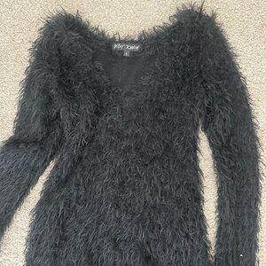 Betsey Johnson Black Fuzzy Shaggy V-Neck Sweater Size S